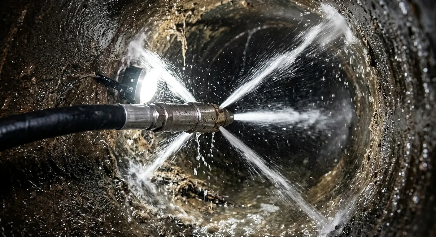 High-pressure hydro jetting nozzle cleaning sewer pipe for Emergency Drain Service in Conewago