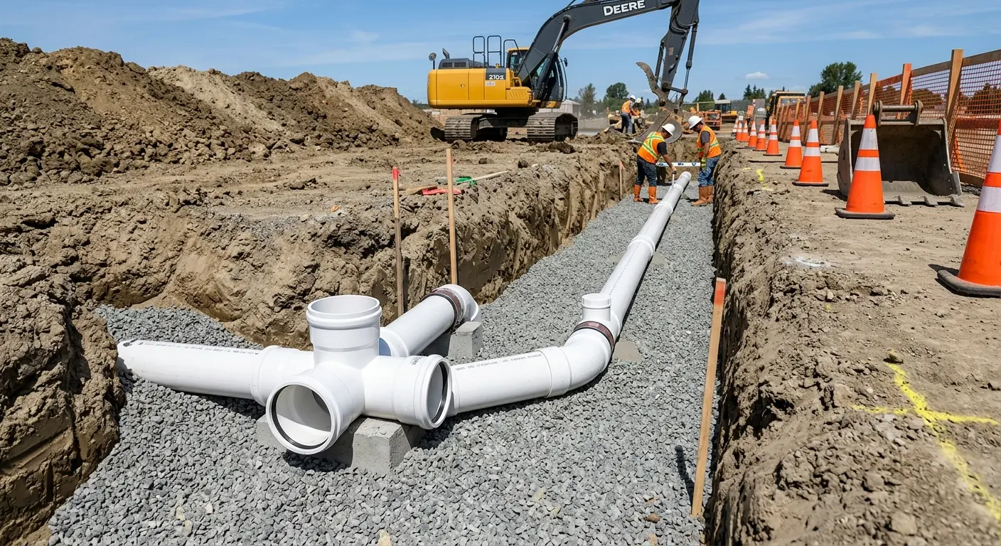 New PVC sewer pipe installation in open trench for Commercial Drain Cleaning in Conewago