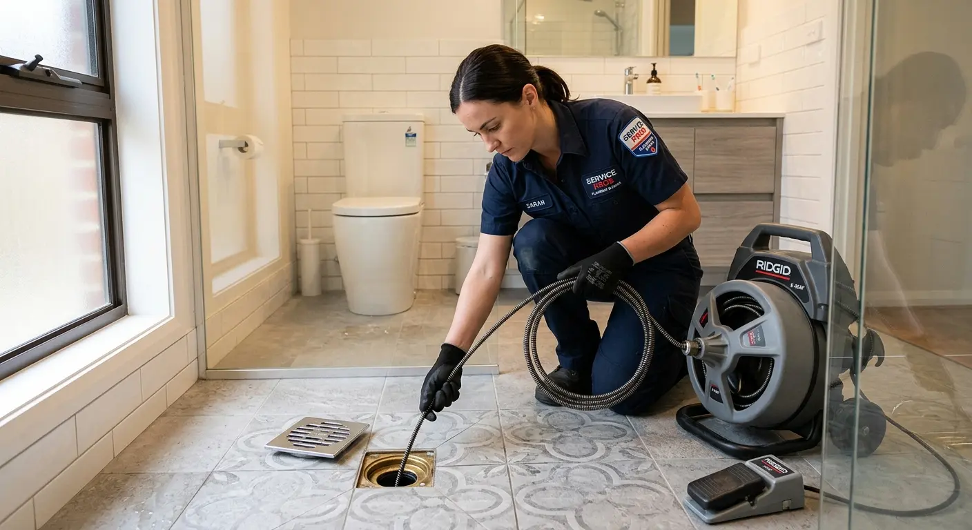 Technician clearing a bathroom floor drain for Clogged Drain Repair in Conewago